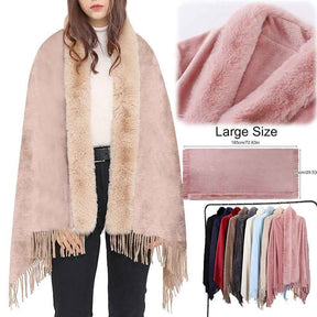 FLR-001  Double-Faced Flannel Shawl Scarf with Orylag Fur Collar and Tassels