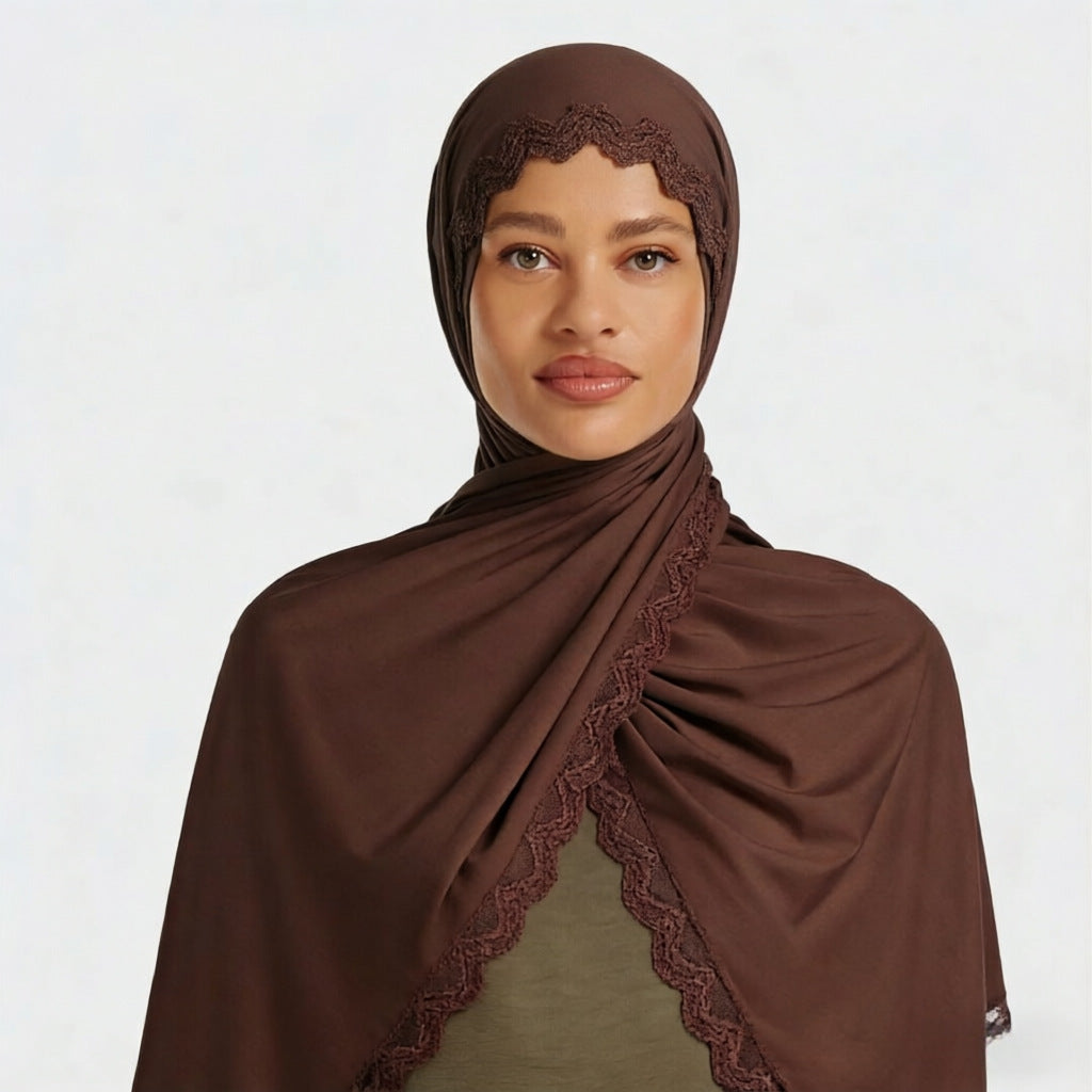 MLSL-457  Liquid Jersey Hijab with Lace L-Shaped Trim