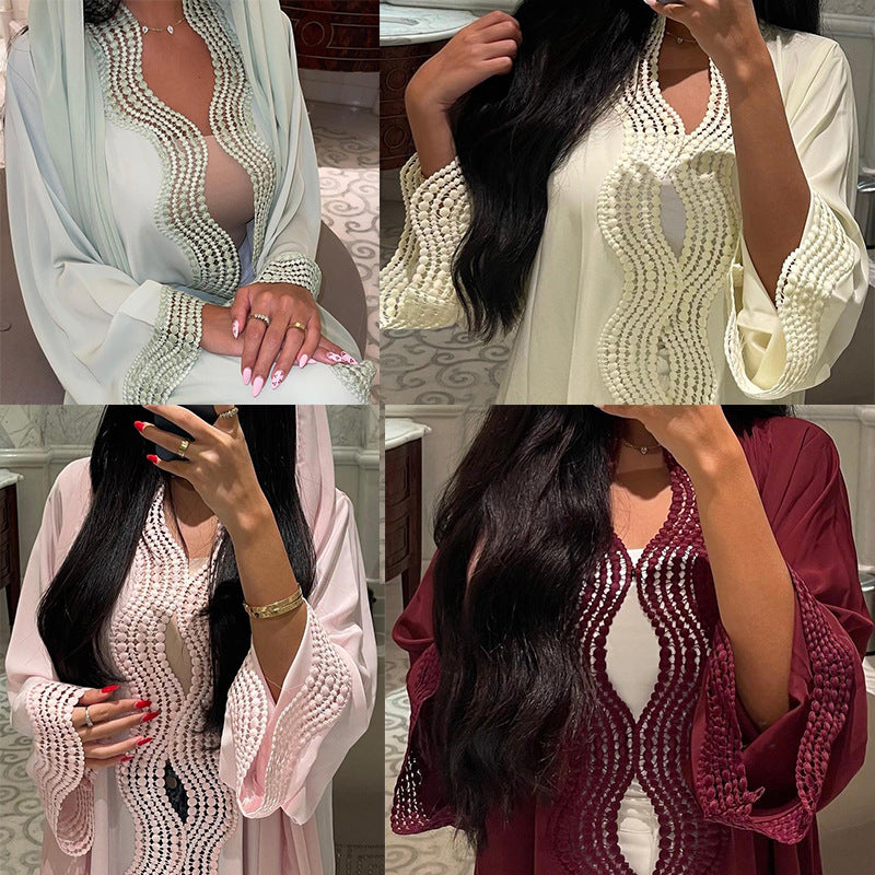 MQ255  Elegant Lace Trim Long Dress Cardigan