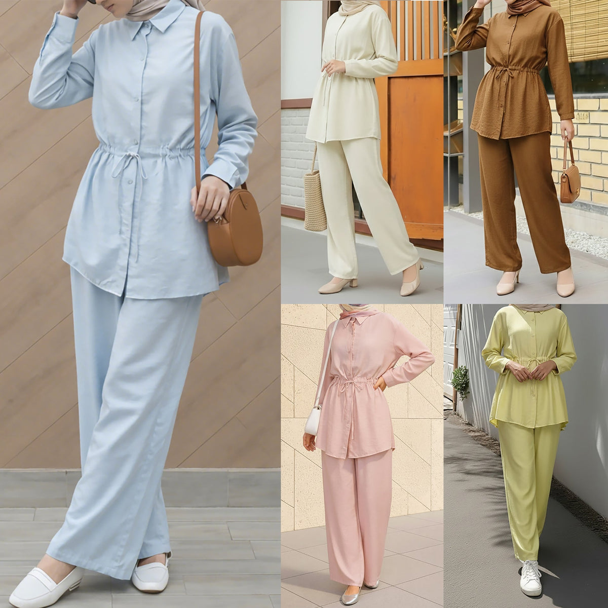 M369  Solid Color Fashion Long Sleeve Shirt and Wide Leg Pants Two Piece Set