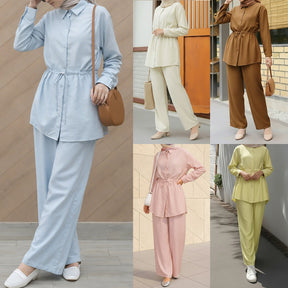 M369  Solid Color Fashion Long Sleeve Shirt and Wide Leg Pants Two Piece Set