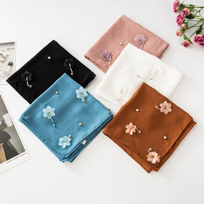 W-0900 90*90 plain pearl chiffon Flower dimond kerchief hijab scarf