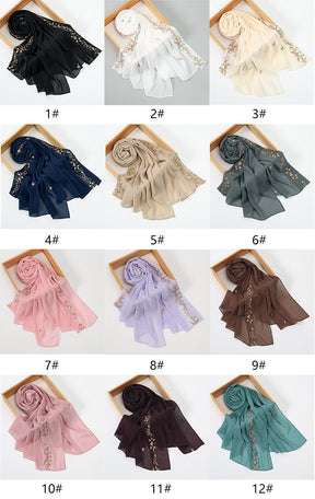 VE122  High-Quality Plain Elastic Chiffon Hijab with Embroidery