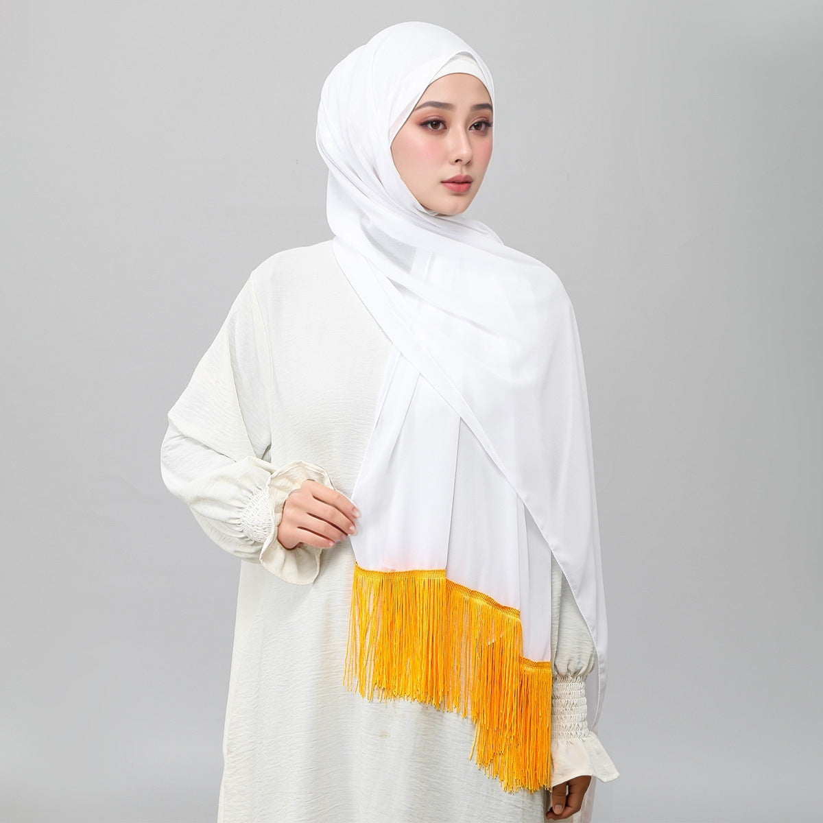 SW156  Plain Gold-Trim Tassel Chiffon Hijab