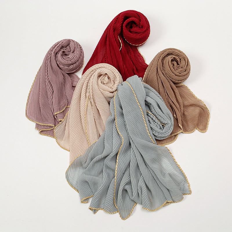 VS787  Cross-border sales of pure color crumpled simple scarf spring and summer new Malay Indonesia ladies crumpled edge long scarf in stock