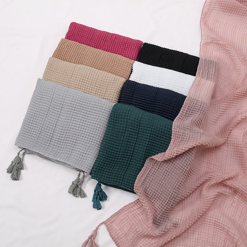 VS659 plain pleated hijab tassel scarf