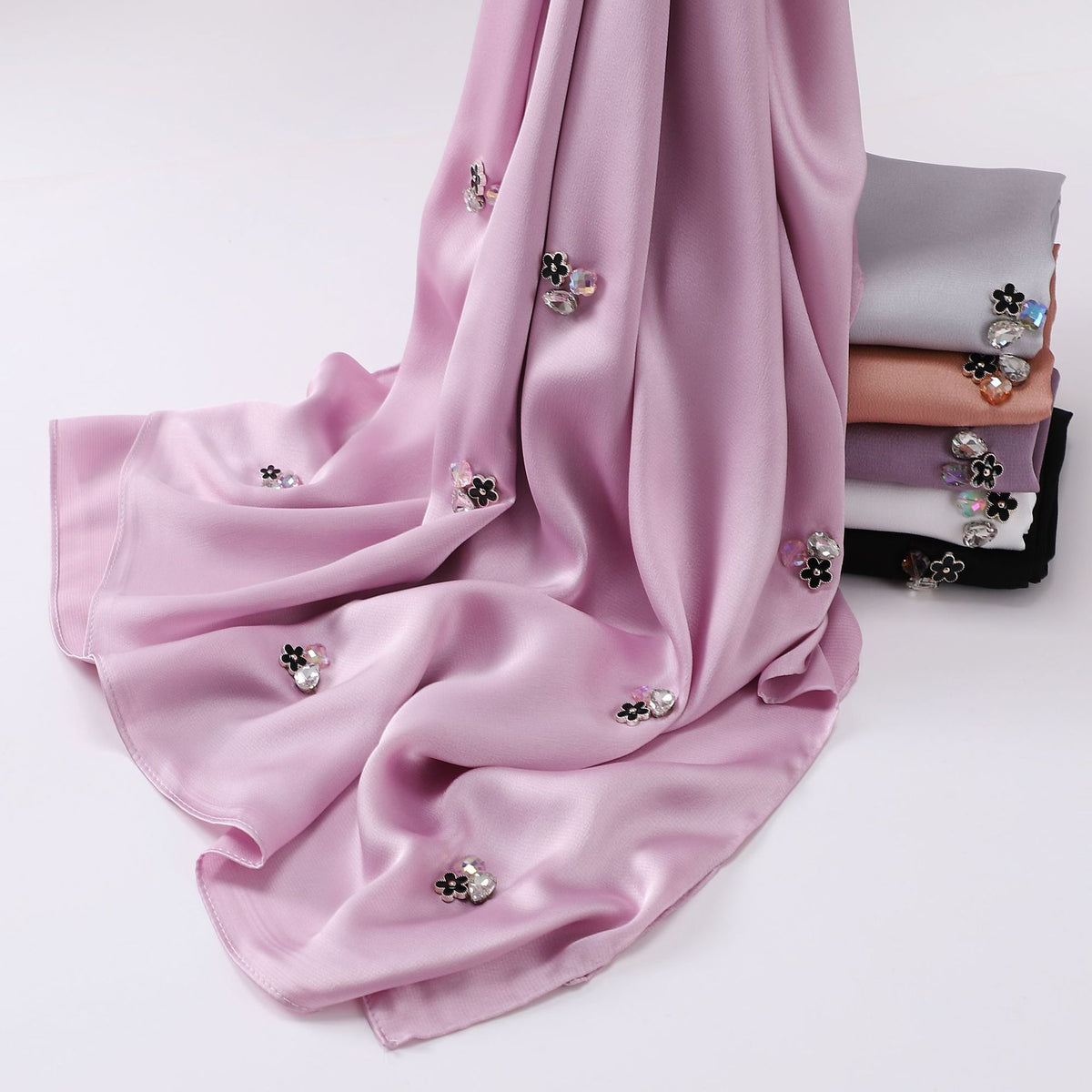 W-0016 plain chiffon Hand sewn crystal diamond hijab scarf