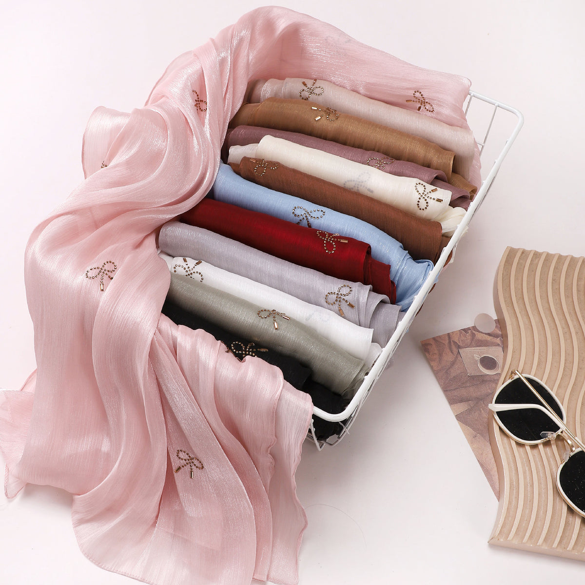 W-0625  Sea Island Silk Bright Silk Hijab with Rhinestone Bow