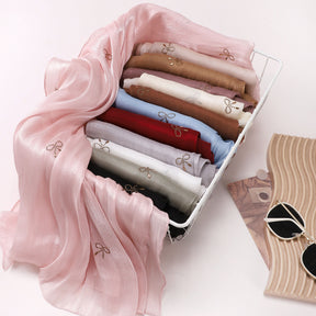 W-0625  Sea Island Silk Bright Silk Hijab with Rhinestone Bow