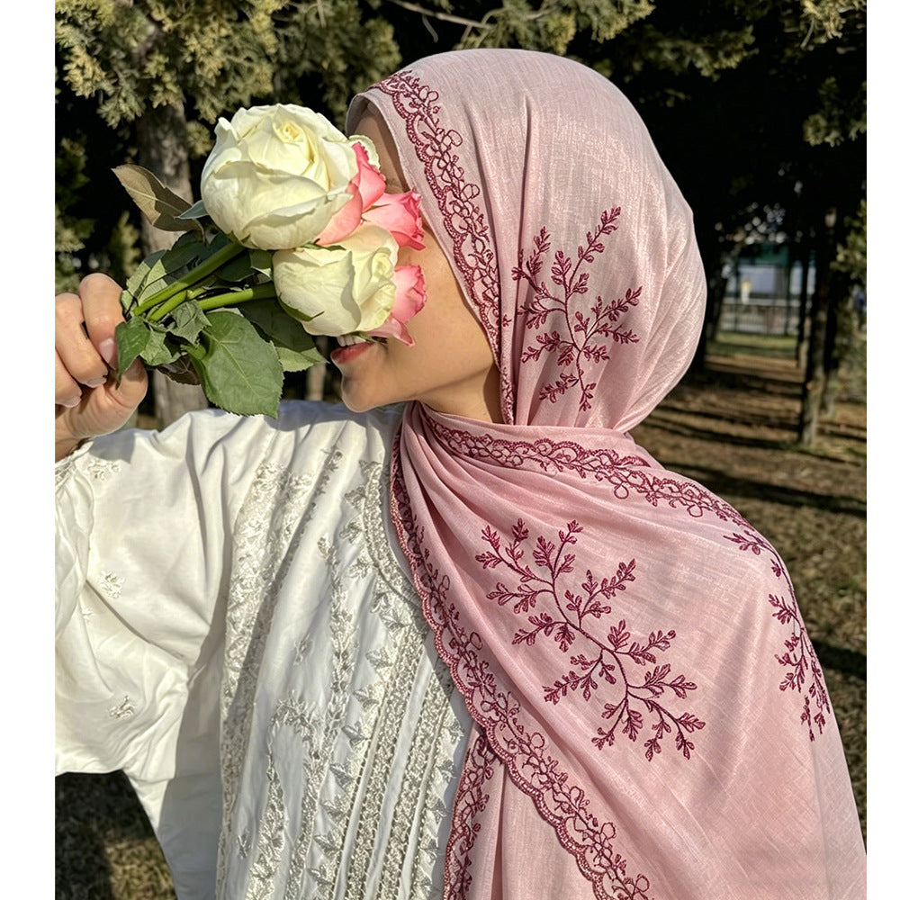 WJ115  Plain Embroidered Scallop Edge Sea Island Silk Hijab