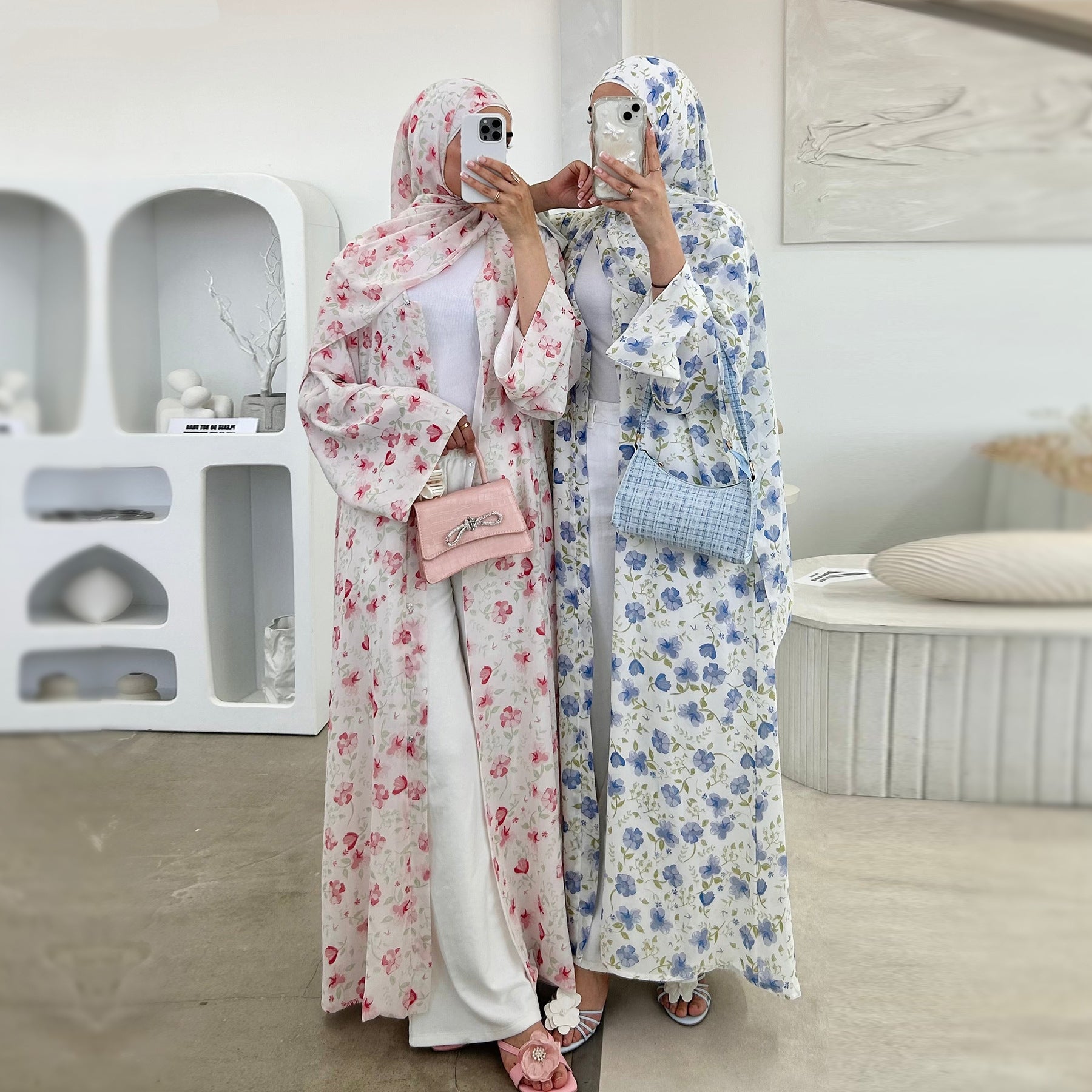 LR1067  Printed Chiffon Lined Open Abaya + Hijab Set
