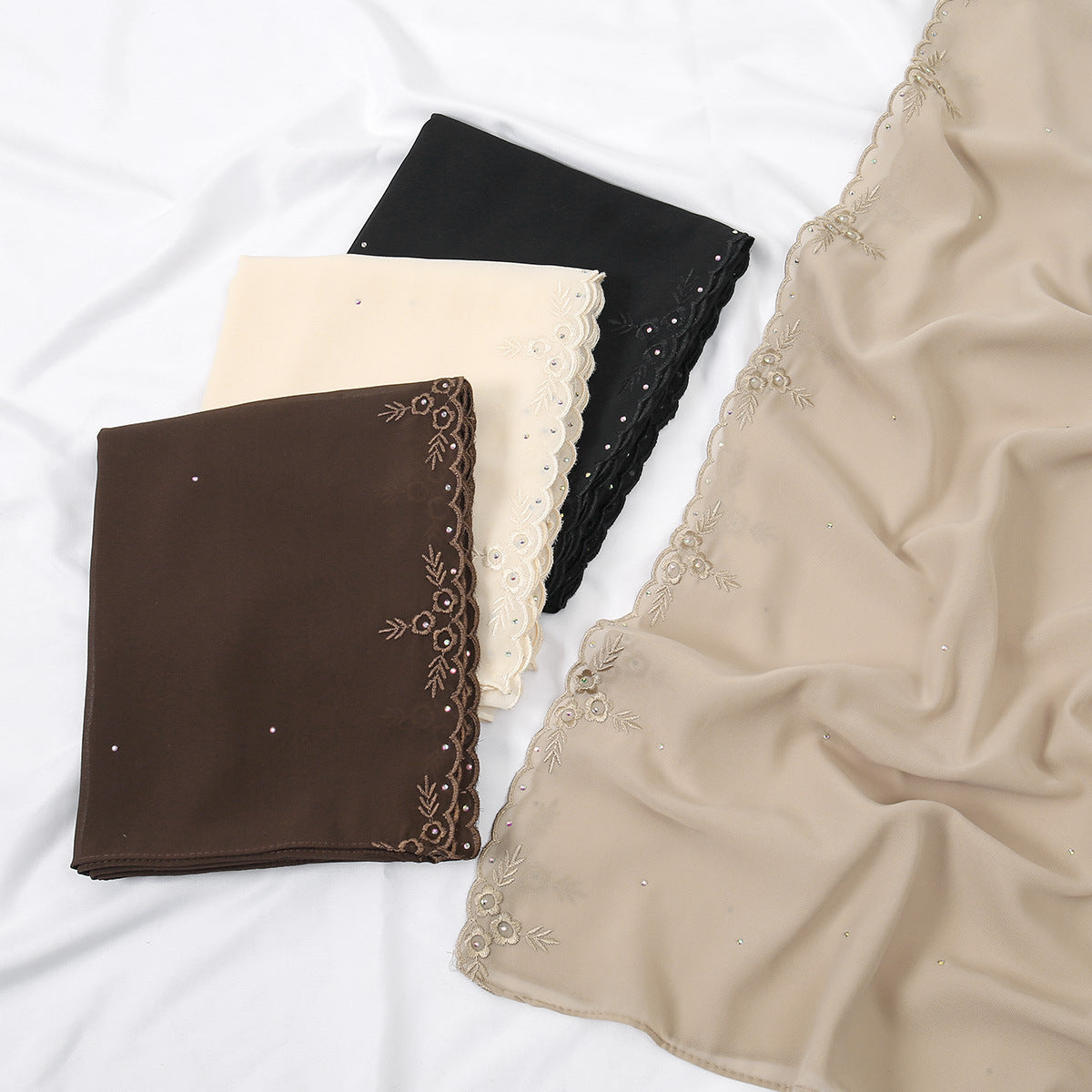 VE163  Plain Embroidered Rhinestone Pearl Chiffon Hijab