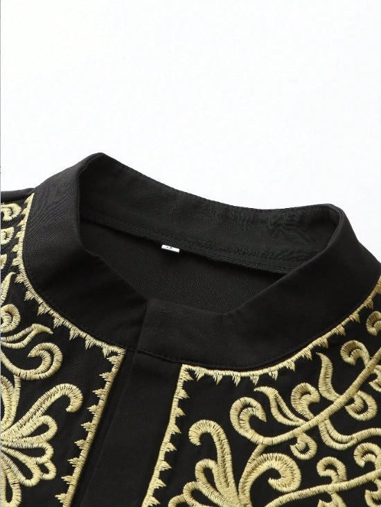 524859  Men's long-sleeve embroidered stand-collar long shirt