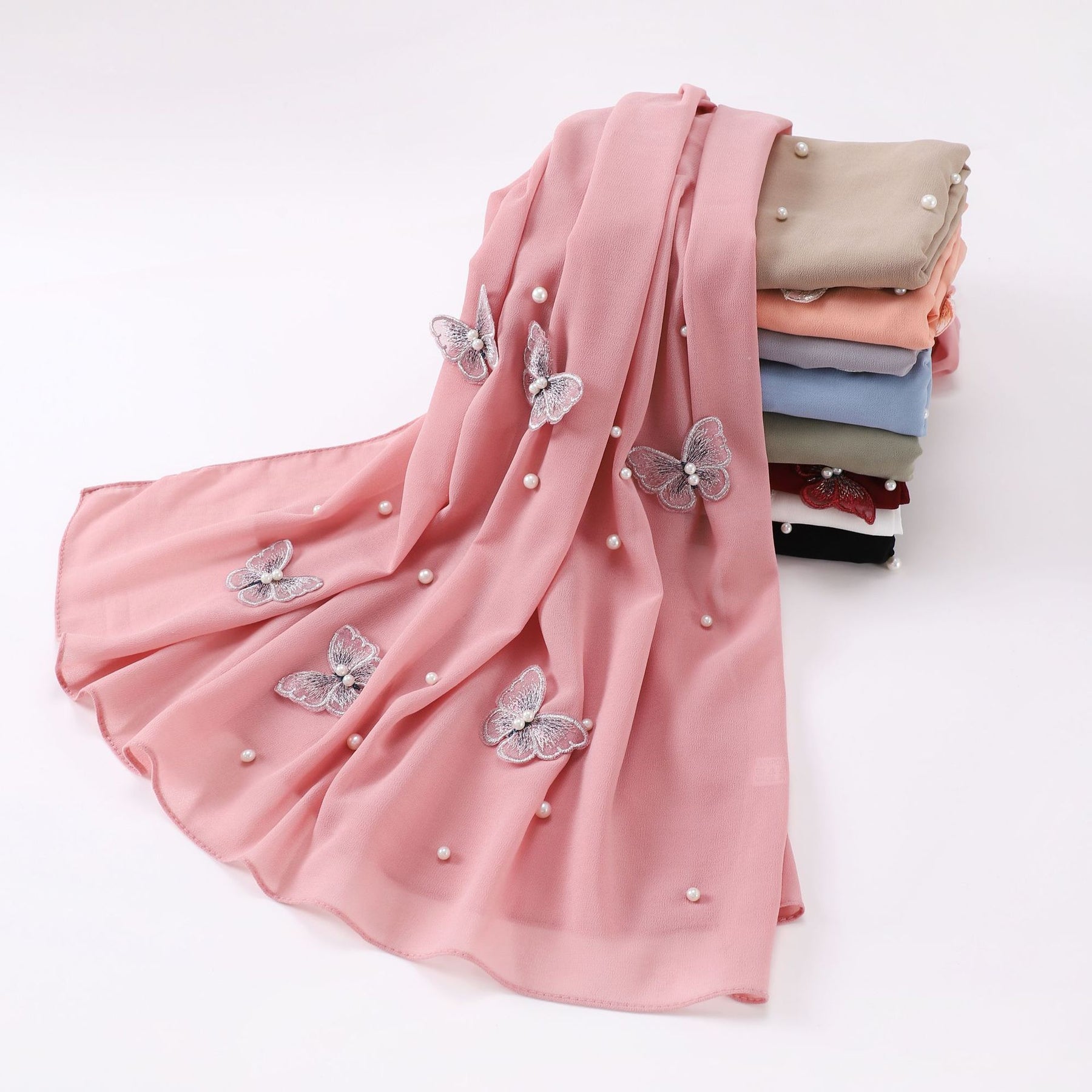 w-0056 plain pearl chiffon pearl Butterfly hijab scarf