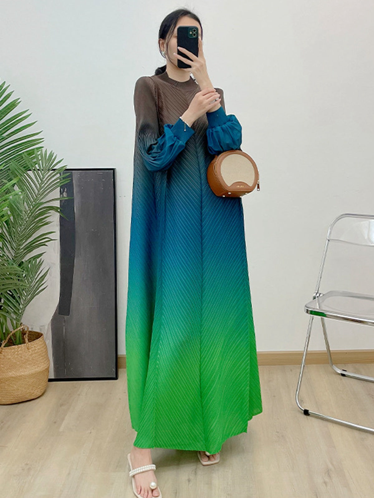 1169240391  Ombre Polyester Crinkle Lantern Sleeve Long Dress