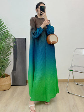 1169240391  Ombre Polyester Crinkle Lantern Sleeve Long Dress