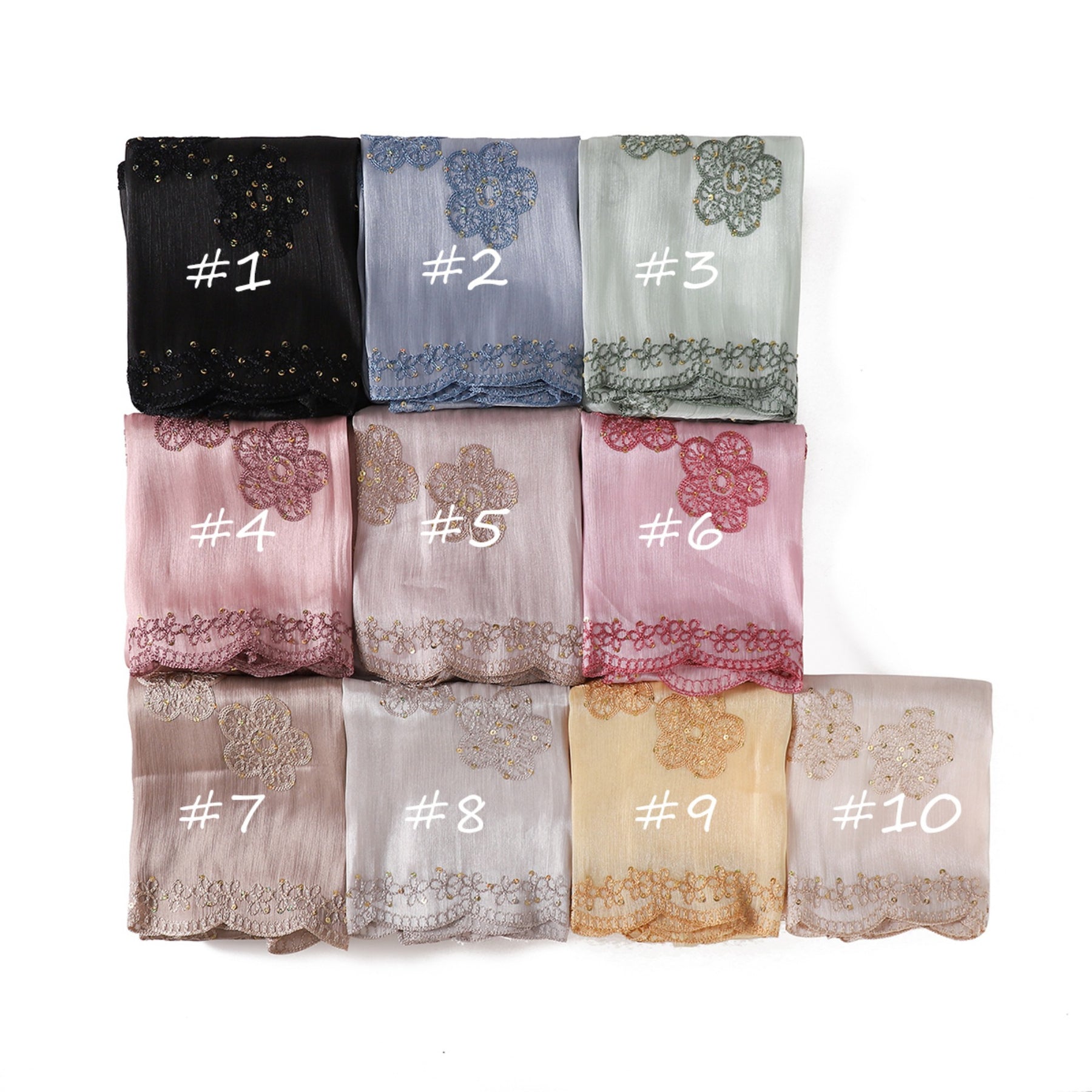 YZ343  Sequin Floral Embroidered Lace Trim Breathable Hijab