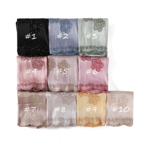 YZ343  Sequin Floral Embroidered Lace Trim Breathable Hijab