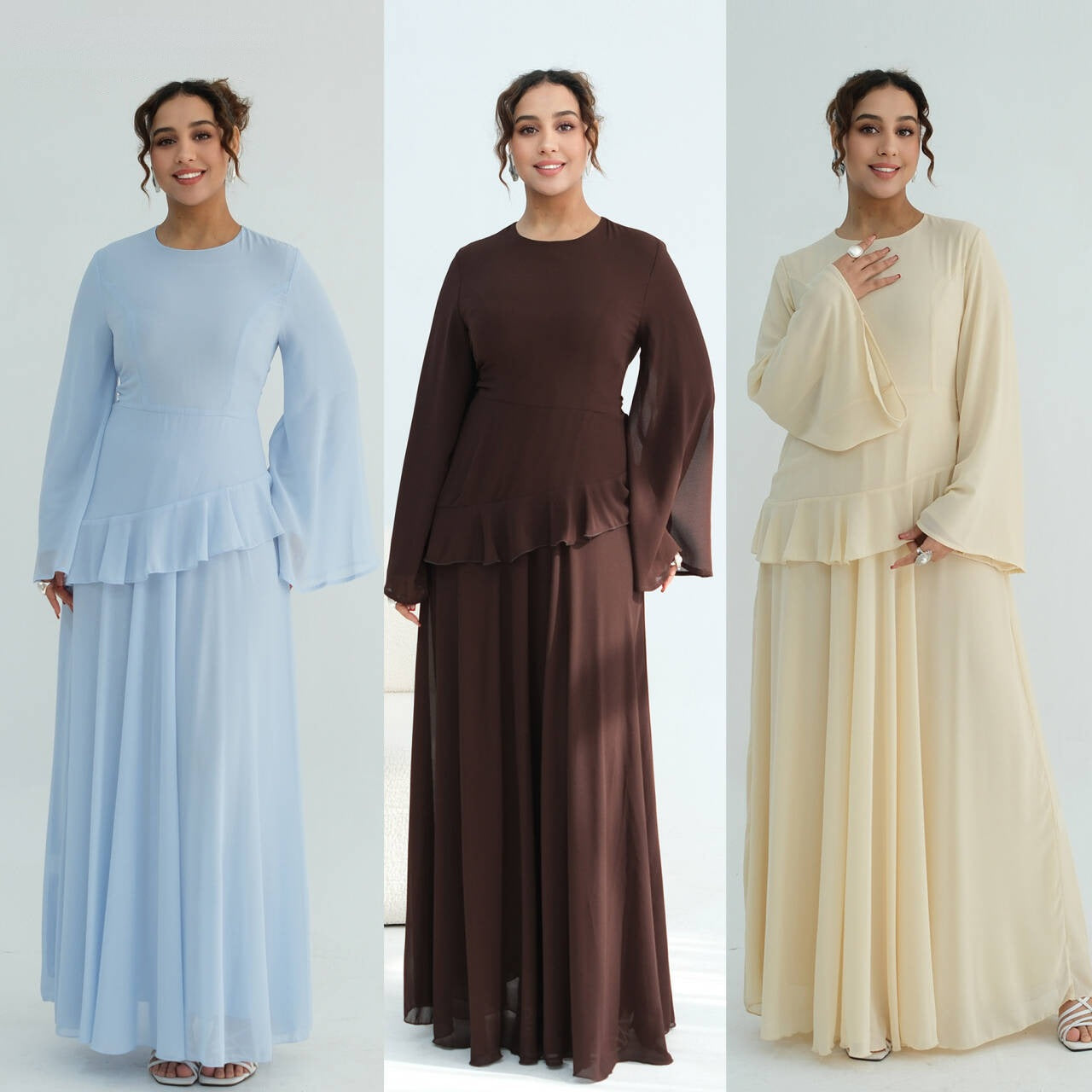 Elegant Double Layer Tie Waist Polyester Abaya