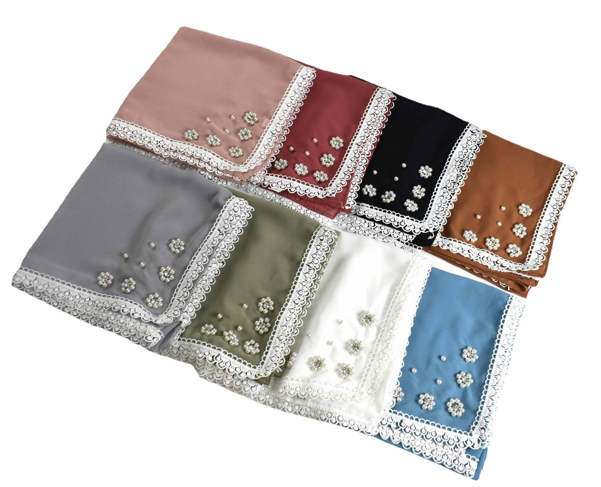 W-0098 90*90 plain pearl chiffon nail beads lace edge kerchief hijab