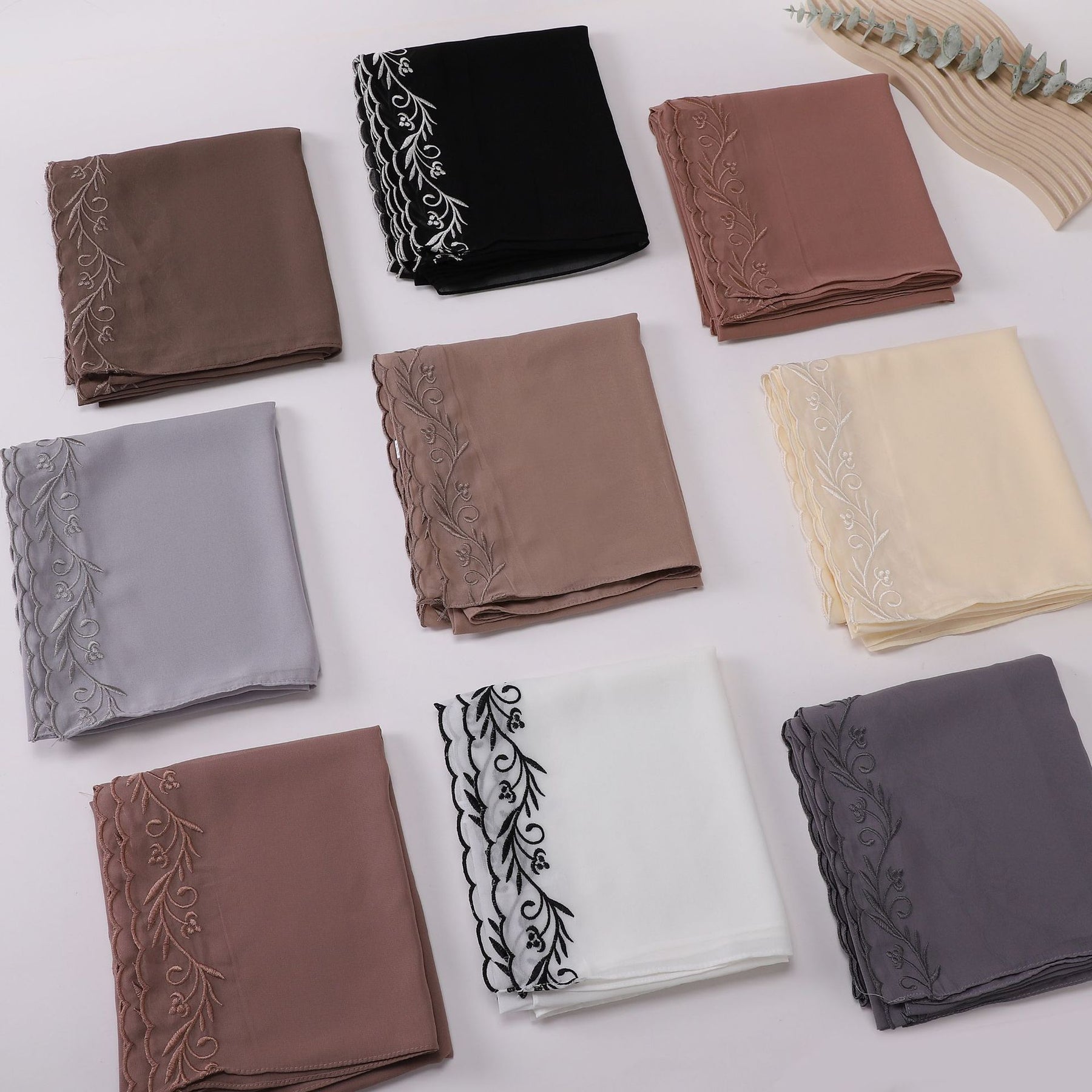 W-0512  Pearl Chiffon Long Hijab with One Side Embroidery