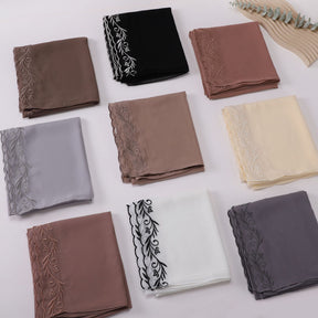 W-0512  Pearl Chiffon Long Hijab with One Side Embroidery