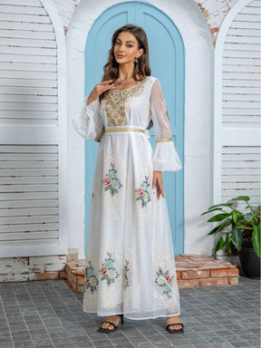 ZD020   Middle East new women's Muslim robe Dubai temperament evening dress applique embroidery mesh dress Polyester