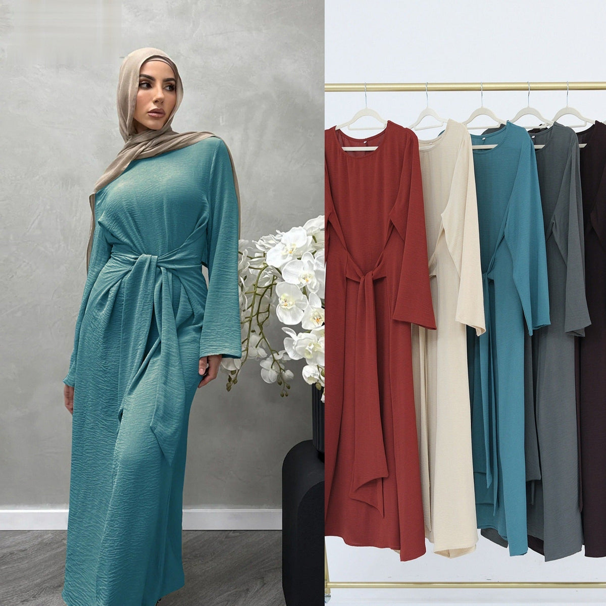 LR822  Plus Size Slimming Elegant Long Sleeve Viscose Dress with Waist Tie
