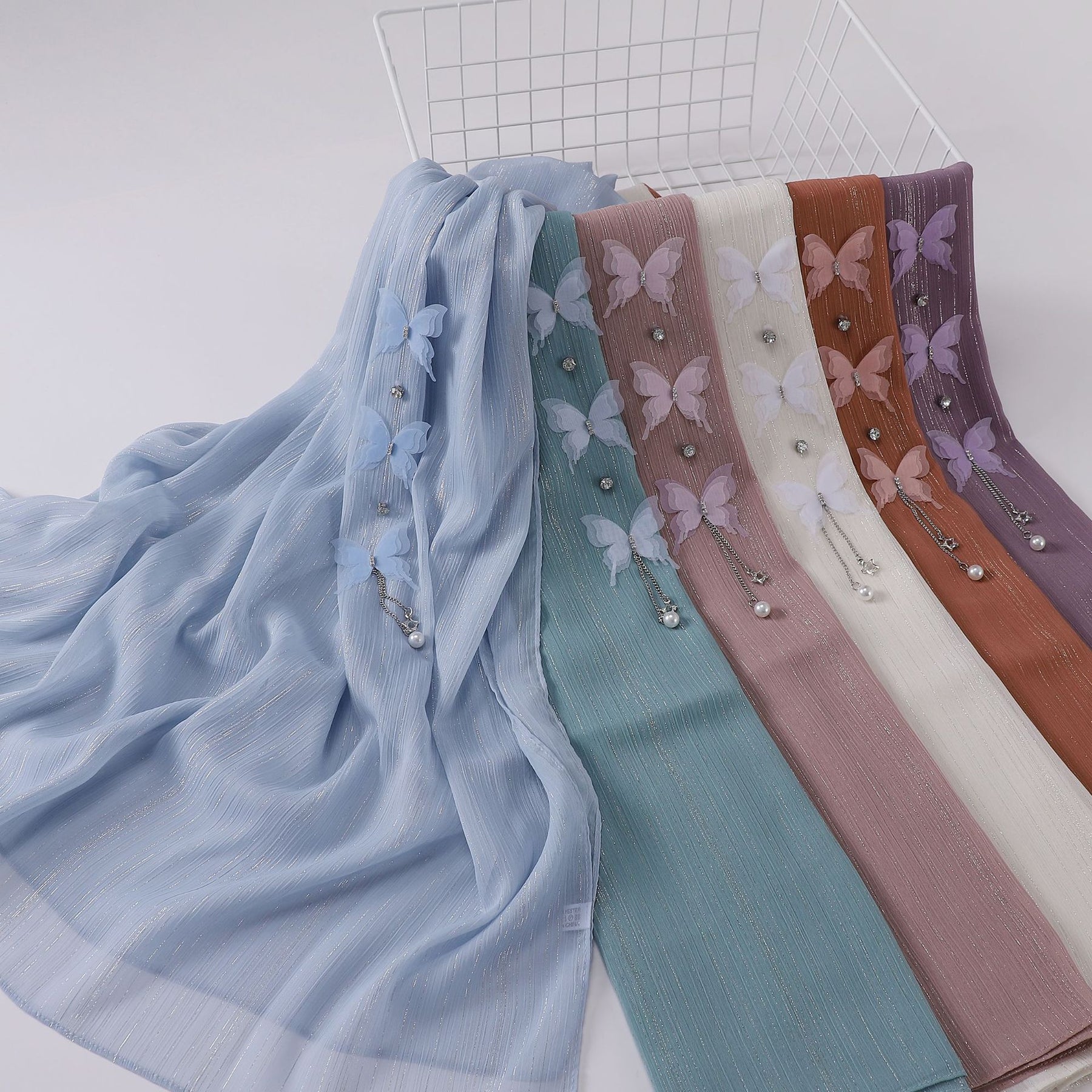 W-0115 plain pleated Silver thread Butterfly hijab scarf