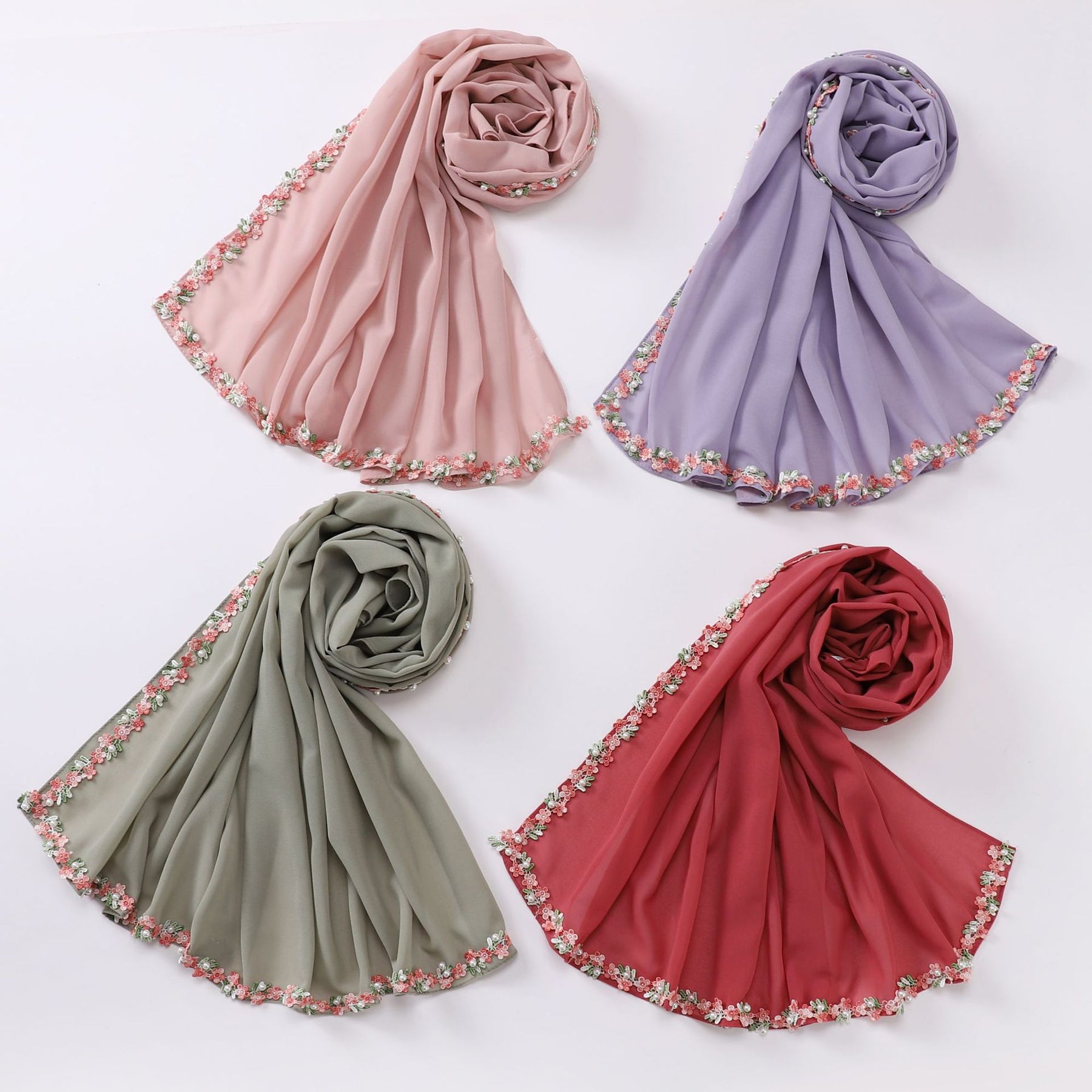 W-0110 plain pearl chiffon lace Nail bead kerchief hijab scarf