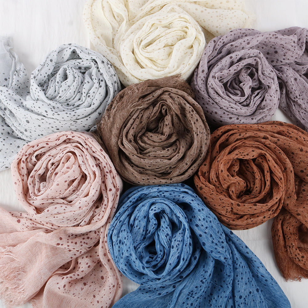 WJ197  Plain Polka Dot Polyester Crinkle Hijab with Short Fringe
