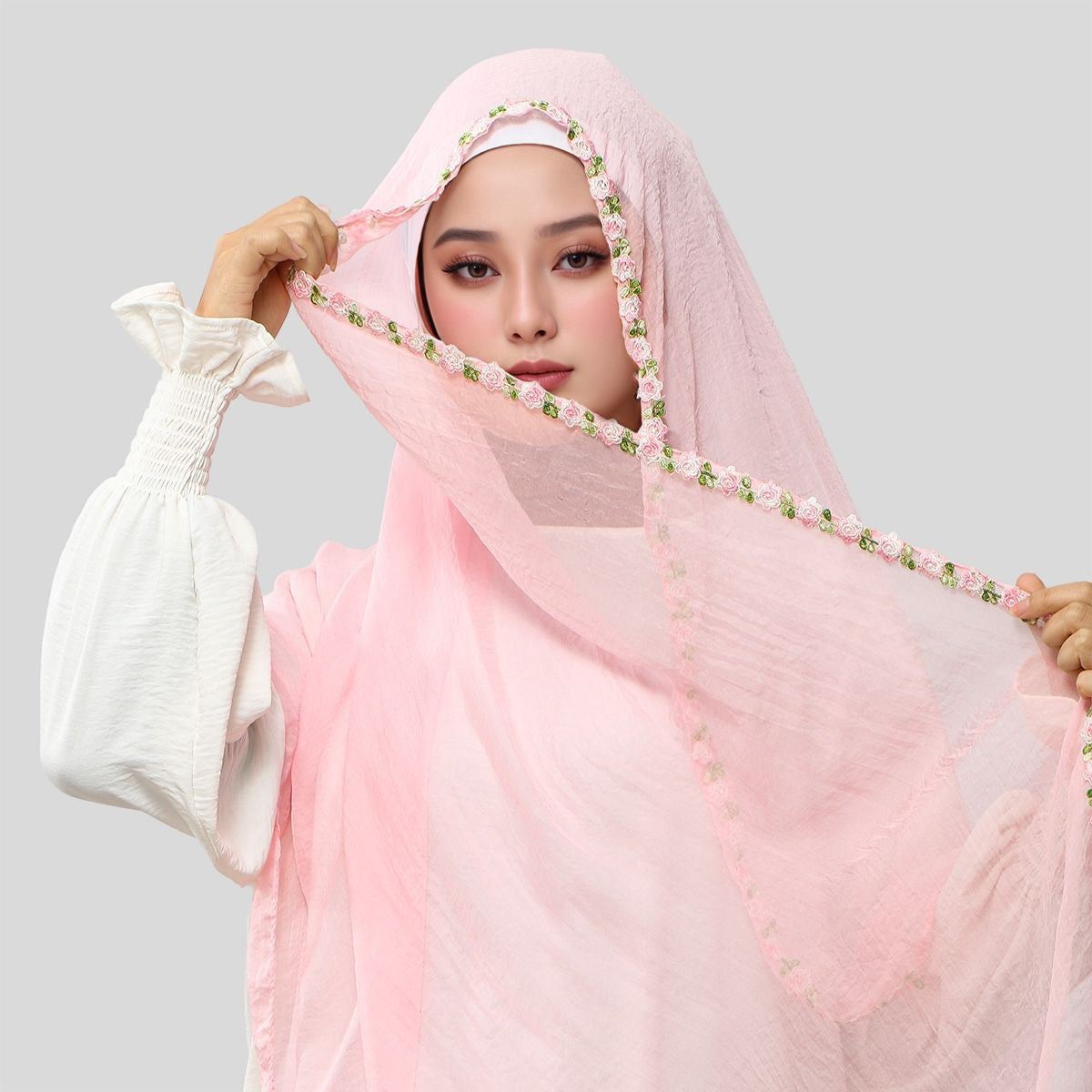 SW141  Plain Chiffon Rose Embroidered Hijab
