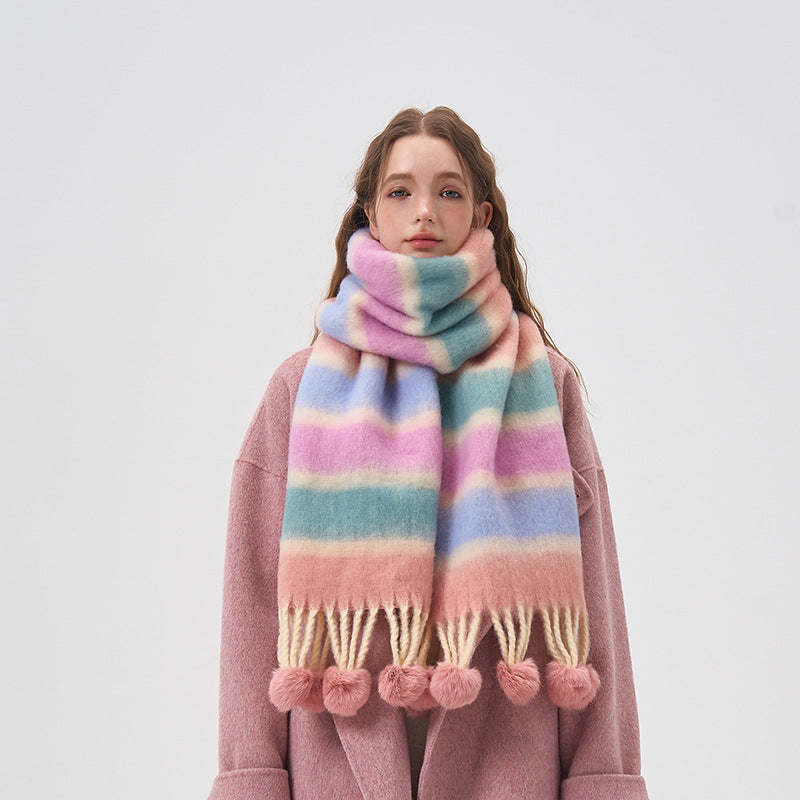 2023-08-14 Color stripe plush ball winter scarf