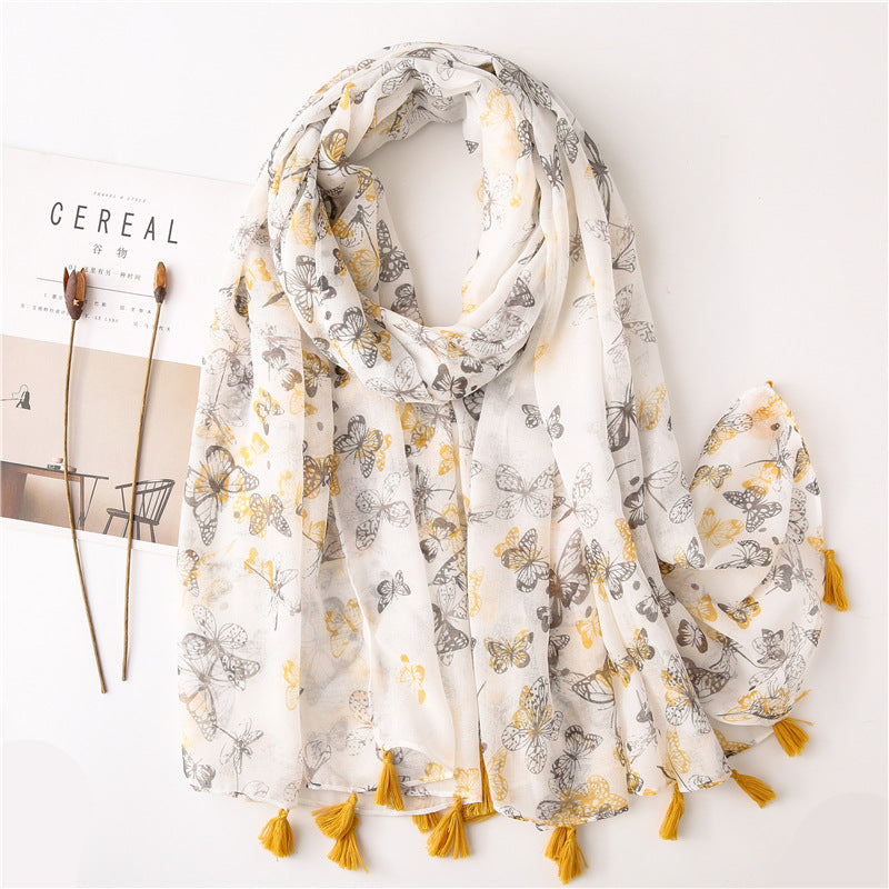 SL2202-009  Women's Ethnic Cotton Linen Feel Scarf with Wheat Ears Tassels
