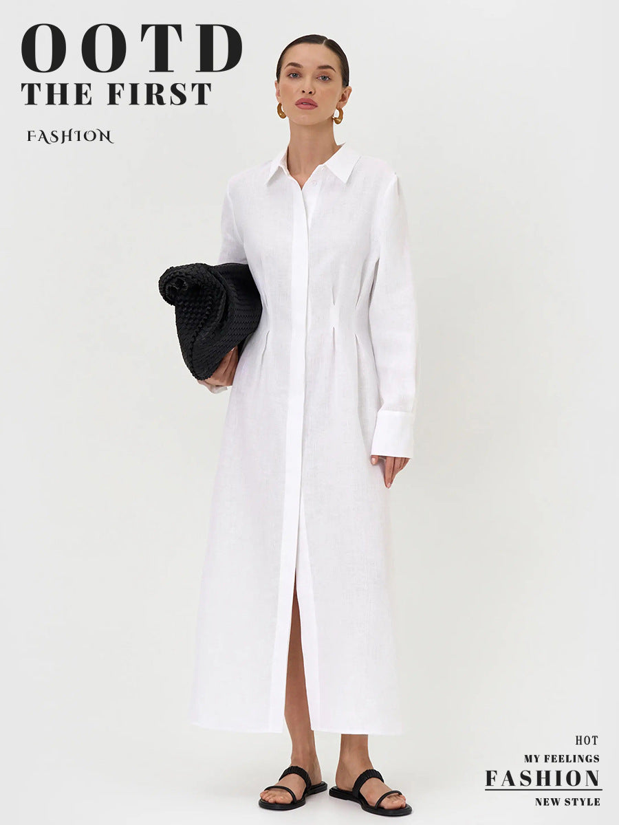 LYQ0431  Women's Waist-Cinching Linen Shirt Dress with Side Slit
