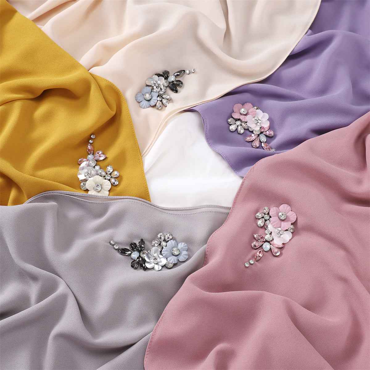 YZ147  Hand-Set Crystal Plain Pearl Chiffon Hijab