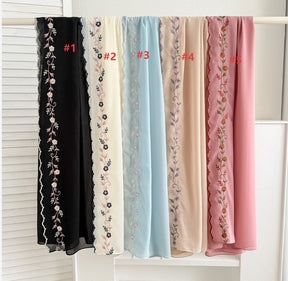 WJA498  Plain Elastic Chiffon Embroidered Long Hijab Headwrap