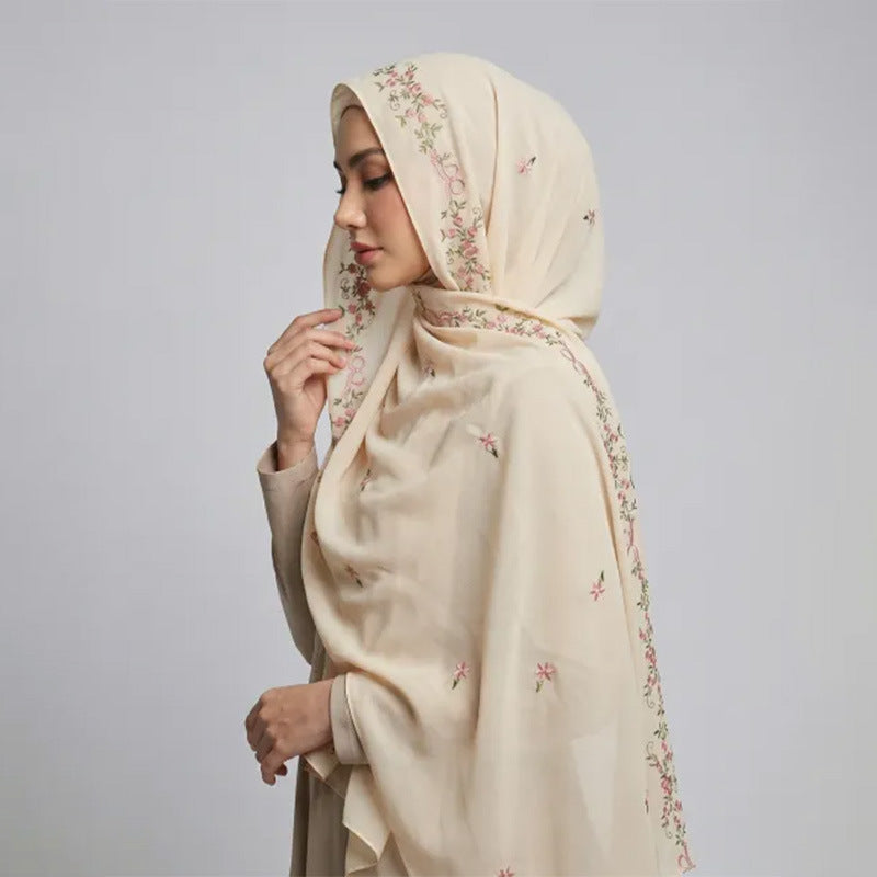 VE122  High-Quality Plain Elastic Chiffon Hijab with Embroidery