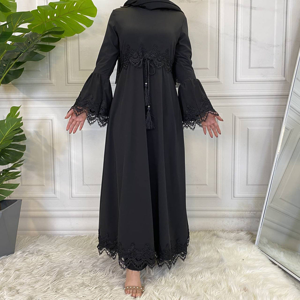 16001 plain Lace stitching muslim abaya dress