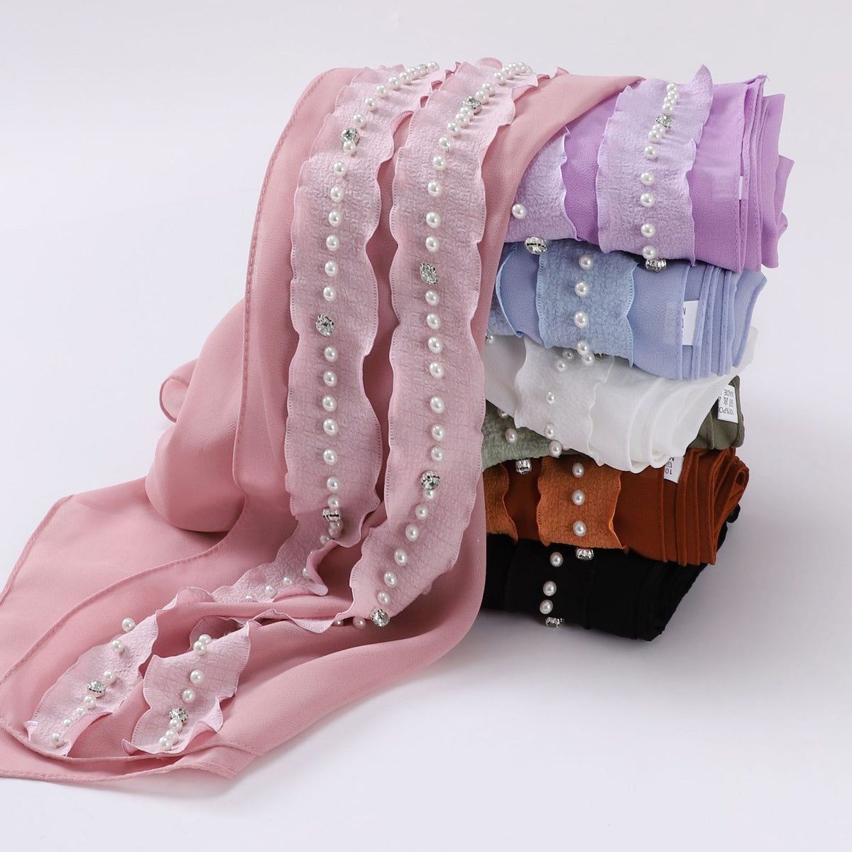 W-0034 plain pearl chiffon Nail Bead dimond hijab scarf