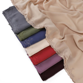 YZ336  Plain Solid Hijab with Flower Embroidered Chiffon