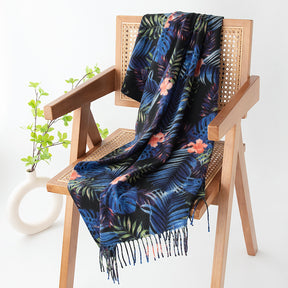 FH24-5763 Blue and black leaf print tassel scarf