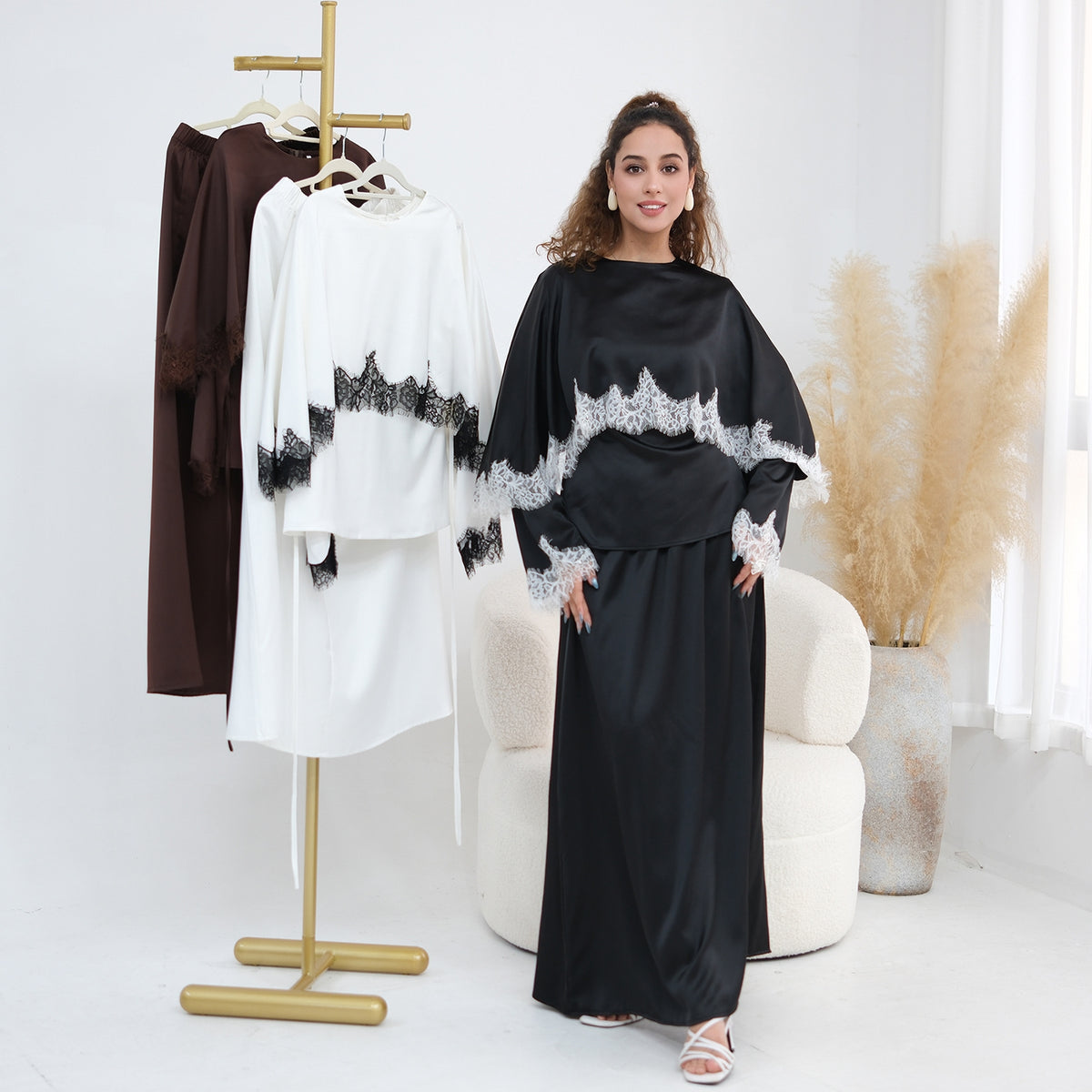 LR1178  Lace-Trim Polyester Top with Shawl & Skirt Set - Sold Separately