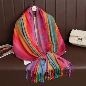 T318-01  Paisley Embroidered Ombre Tassel Polyester Cotton Scarf