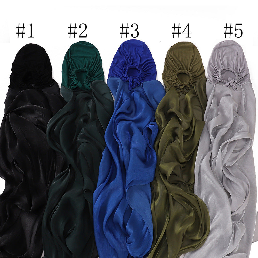 MSL355  Adjustable Cotton Jersey Muslim Cap+Island Satin Crepe Long Scarf