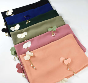 W-0047 plain pearl chiffon Flower and pearl decoration hijab scarf