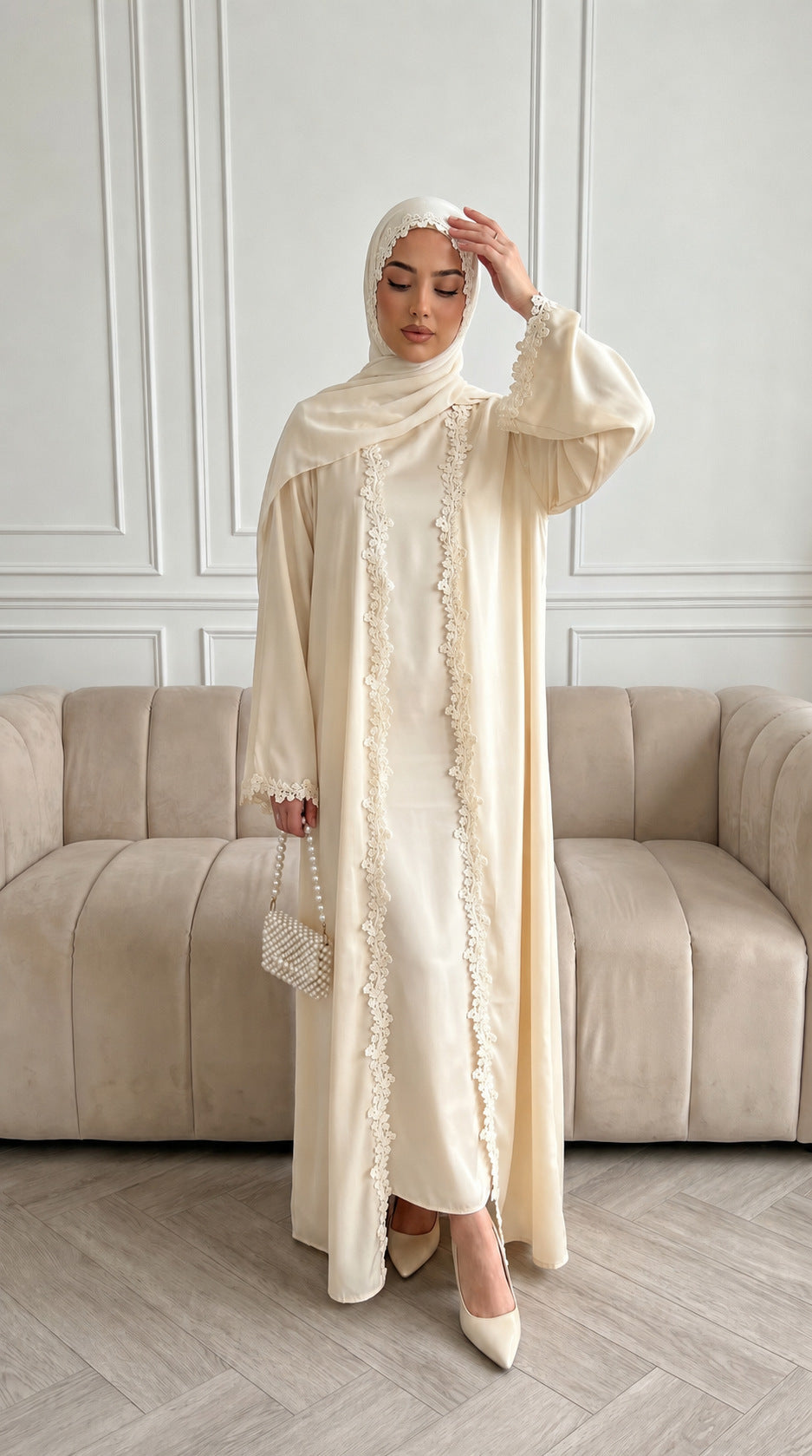 HBWT  Plain Lace Polyester Cardigan + Hijab Set