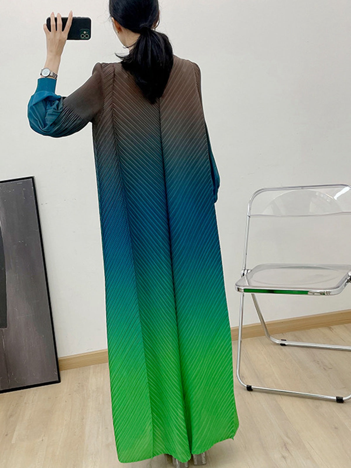1169240391  Ombre Polyester Crinkle Lantern Sleeve Long Dress