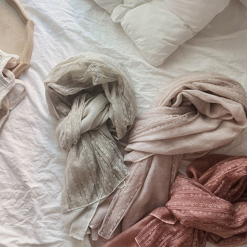 色 麻薄款 Plain Linen Lace Cotton Hijab - Product Photo