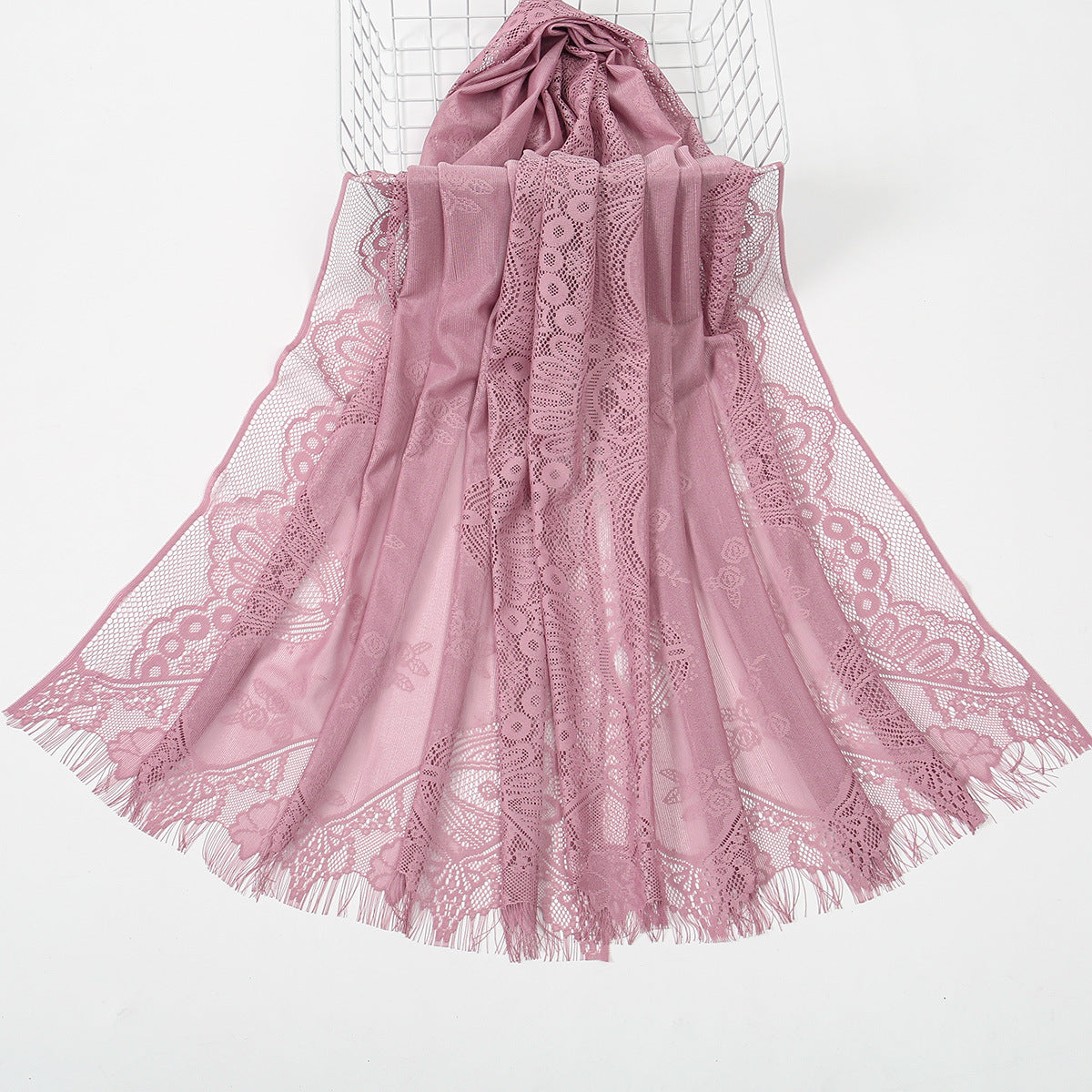 VE160  Plain Polyester Water Wave Cutout Lace Fringe Hijab